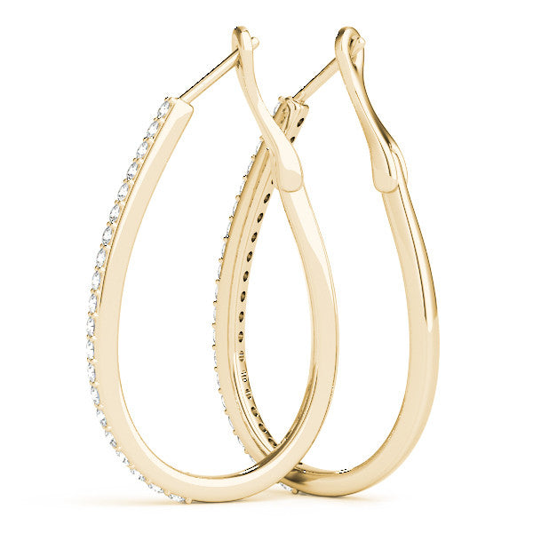 Yellow gold Pavé Round Diamond Teardrop Hoop Earrings with Hidden Hinged Setting