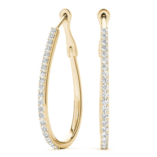 Yellow gold Pavé Round Diamond Teardrop Hoop Earrings with Hidden Hinged Setting