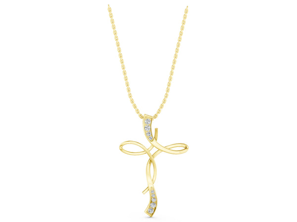 Yellow gold Pavé Round Diamond Twist Cross Pendant