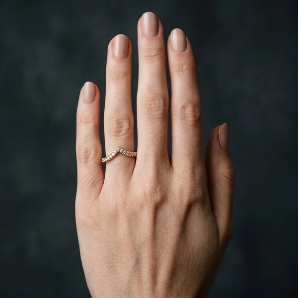 Yellow gold Pavé Round Diamond V-Shaped Chevron Band with Shared Prong Setting