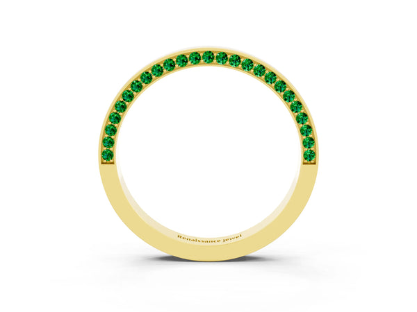Yellow Gold Round Lab-Grown Emerald Side Pave Half Eternity Band with Plain Top