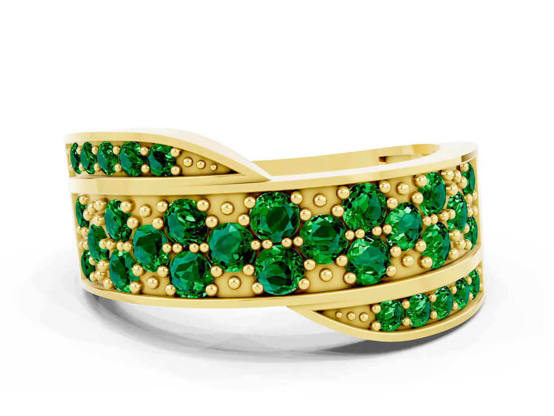 Yellow gold Pavé Round Emerald Crossover Band with Bead Prong Setting_6