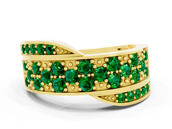 Yellow gold Pavé Round Emerald Crossover Band with Bead Prong Setting