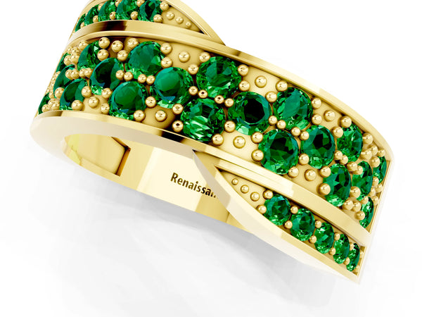 Yellow gold Pavé Round Emerald Crossover Band with Bead Prong Setting