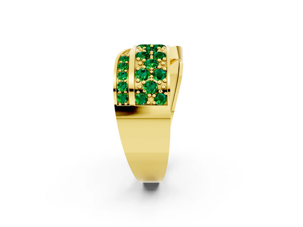 Yellow gold Pavé Round Emerald Crossover Band with Bead Prong Setting