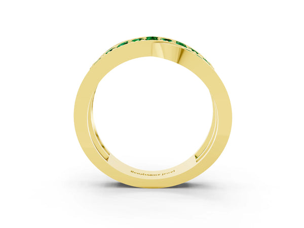 Yellow gold Pavé Round Emerald Crossover Band with Bead Prong Setting