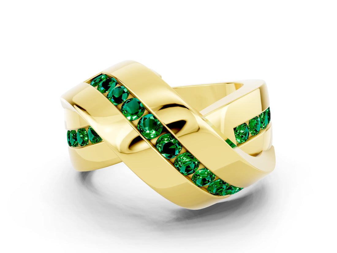 Yellow gold Pavé Round Emerald Crossover Band with Channel Setting_6