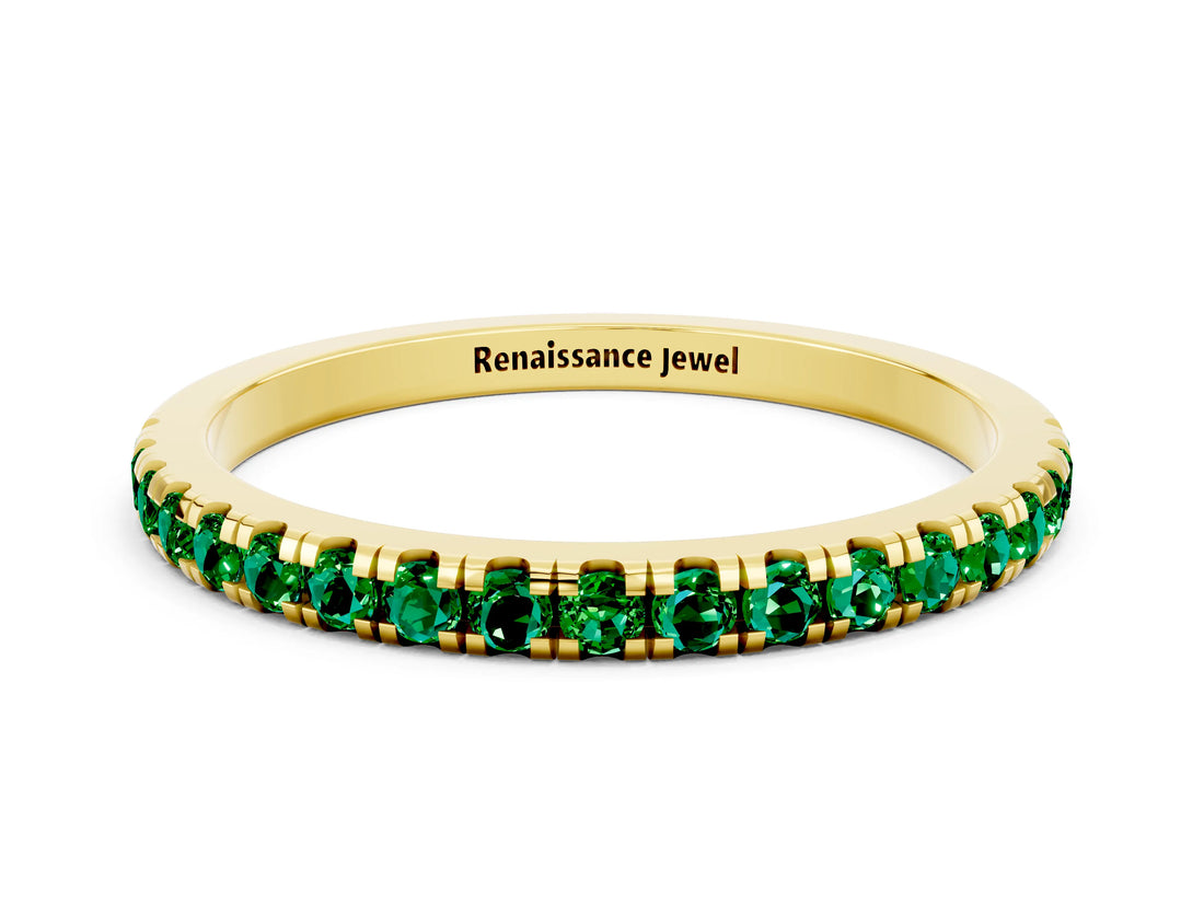 Yellow gold Pavé Round Emerald Half Eternity Band with Shared Prong Setting_6