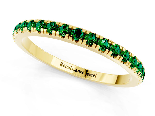 Yellow Gold Round Lab-Grown Emerald Slim Pave Half Eternity Band with Shared Prongs
