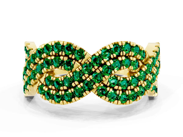 Yellow Gold Round Lab-Grown Emerald Pave Infinity Twist Wedding Band with Shared Prongs