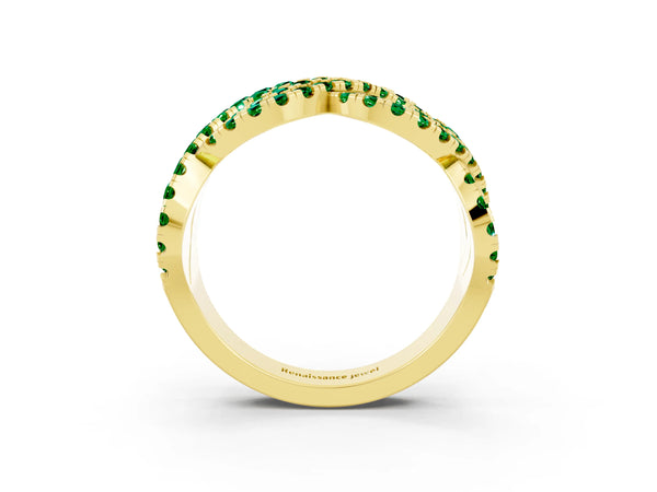 Yellow Gold Round Lab-Grown Emerald Pave Infinity Twist Wedding Band with Shared Prongs