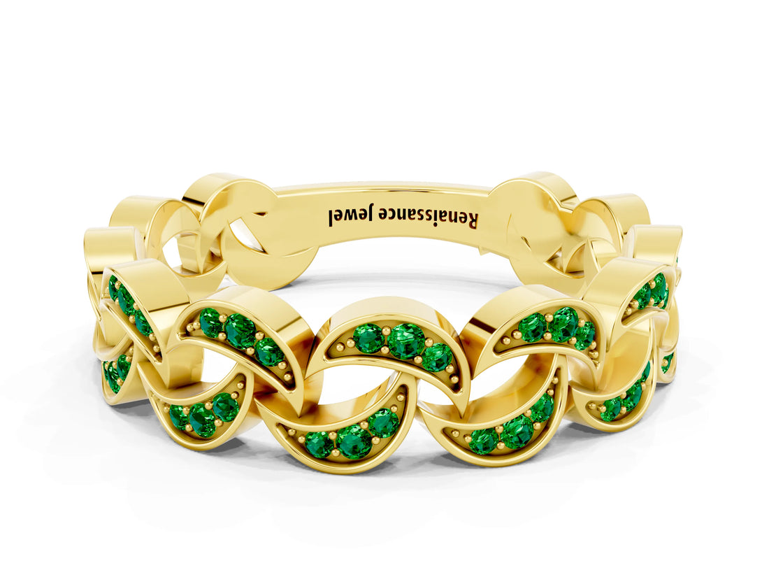 Yellow gold Pavé Round Emerald Interlocking Eternity Band with Bezel Prong Setting_6