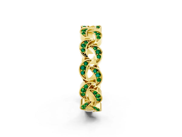 Yellow Gold Round Lab-Grown Emerald Pave Interlocking Link Wedding Band with Open Links