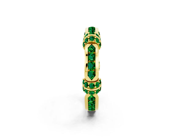 Yellow Gold Lab-Grown Emerald Pave Link Wedding Band with Channel Set Top Panel