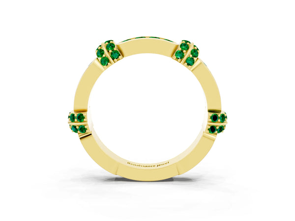 Yellow Gold Lab-Grown Emerald Pave Link Wedding Band with Channel Set Top Panel