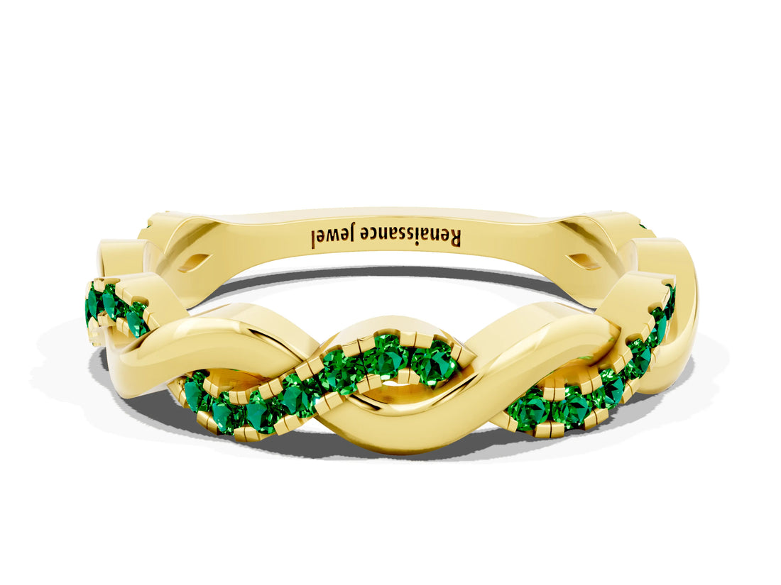 Yellow gold Pavé Round Emerald Twist Eternity Band with Shared Prong Setting_30