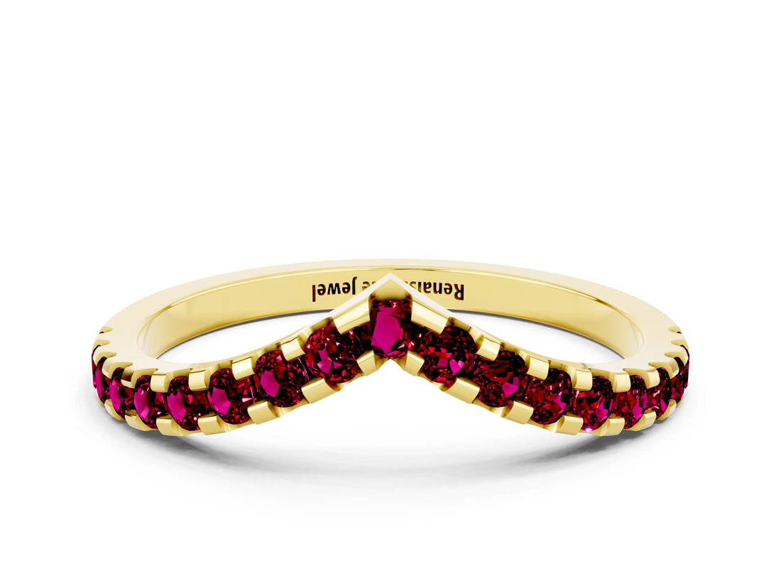 Yellow gold Pavé Round Garnet Chevron Band with Shared Prong Setting_6