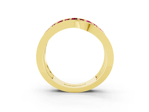 Yellow gold Pavé Round Garnet Crossover Band with Bead Prong Setting