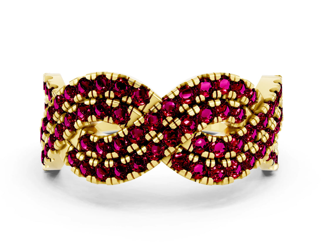 Yellow gold Pavé Round Garnet Infinity Twist Band with Shared Prong Setting_6