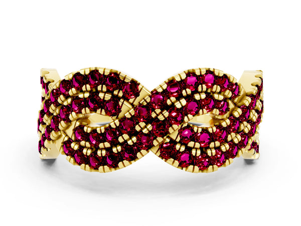 Yellow Gold Round Garnet Pave Infinity Twist Wedding Band with Shared Prongs