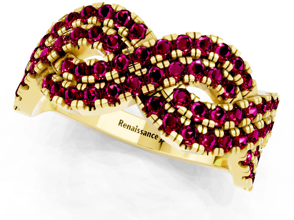 Yellow Gold Round Garnet Pave Infinity Twist Wedding Band with Shared Prongs