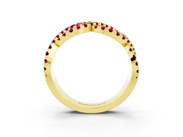 Yellow Gold Round Garnet Pave Infinity Twist Wedding Band with Shared Prongs
