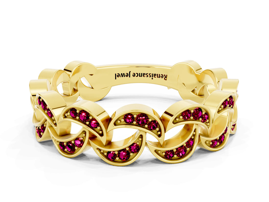 Yellow gold Pavé Round Garnet Interlocking Eternity Band with Bezel Prong Setting_6