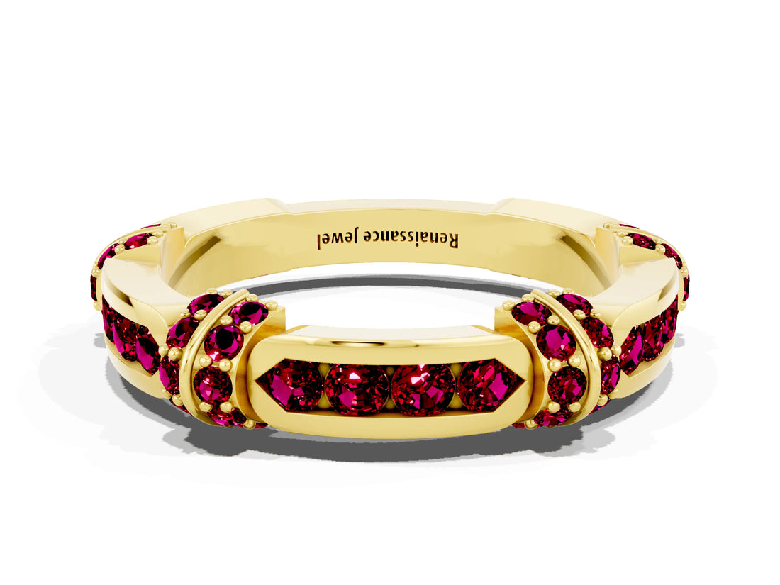 Yellow gold Pavé Round Garnet Link Band with Bezel Setting_30