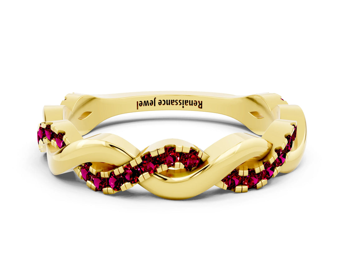 Yellow gold Pavé Round Garnet Twist Eternity Band with Shared Prong Setting_18