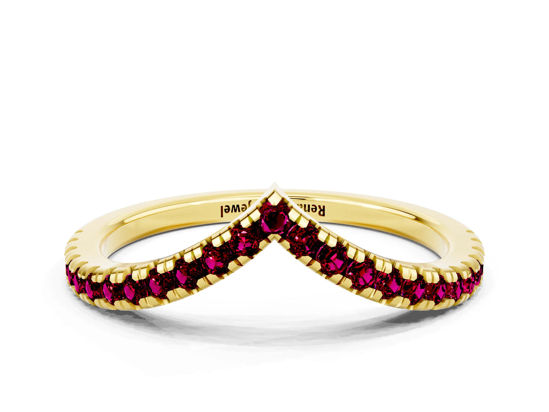Yellow gold Pavé Round Garnet V-Shaped Chevron Band with Shared Prong Setting_6