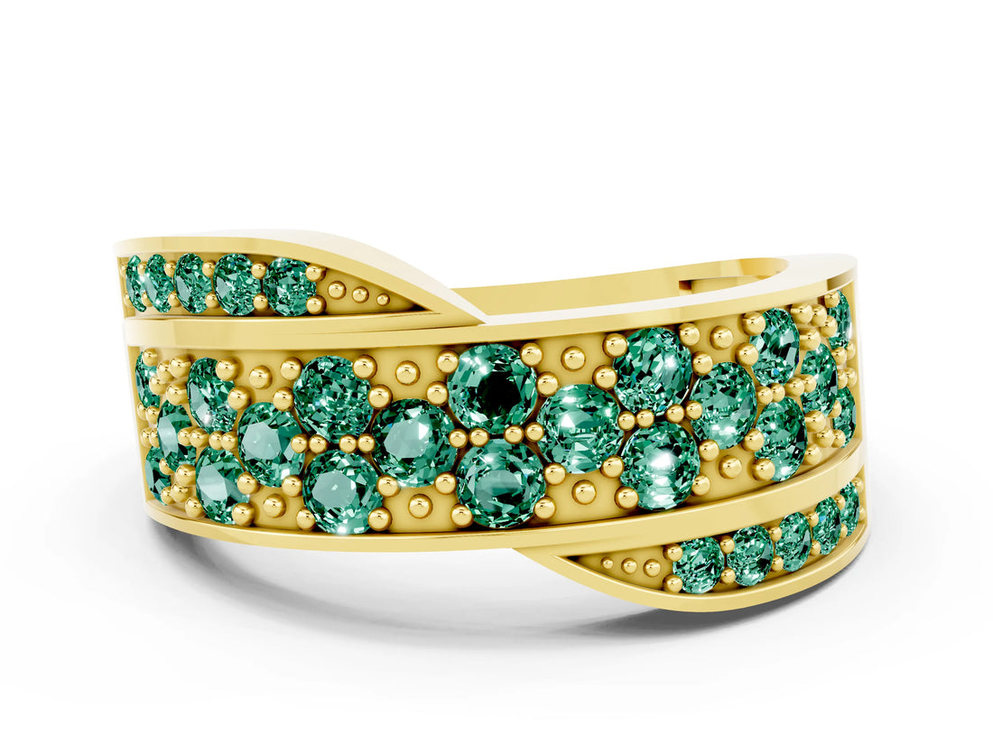Yellow gold Pavé Round Green Sapphire Crossover Band with Bead Prong Setting_6