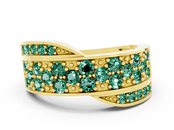 Yellow gold Pavé Round Green Sapphire Crossover Band with Bead Prong Setting