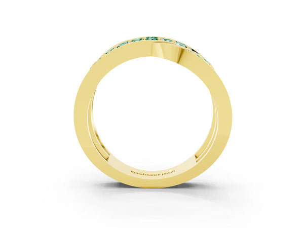 Yellow gold Pavé Round Green Sapphire Crossover Band with Bead Prong Setting