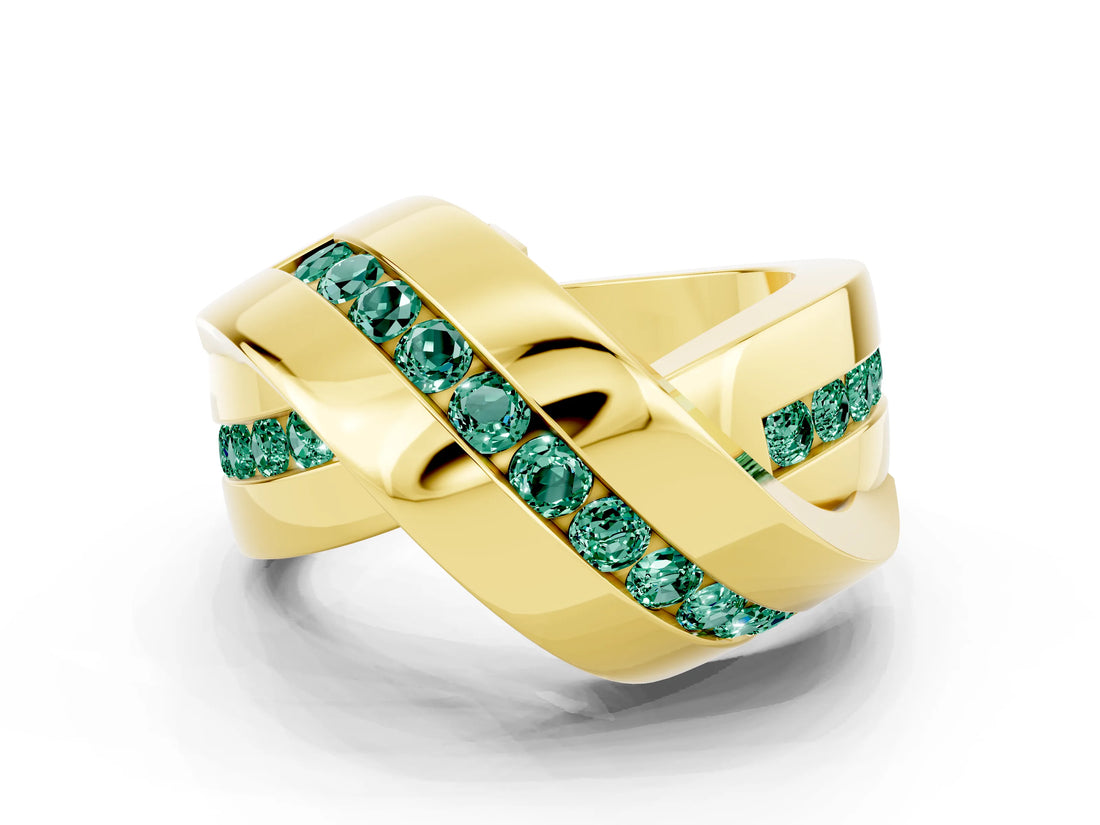 Yellow gold Pavé Round Green Sapphire Crossover Band with Channel Setting_6