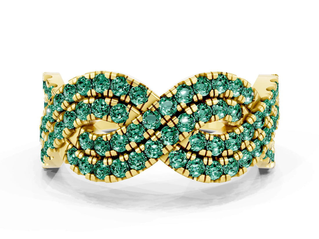 Yellow gold Pavé Round Green Sapphire Infinity Twist Band with Shared Prong Setting_6