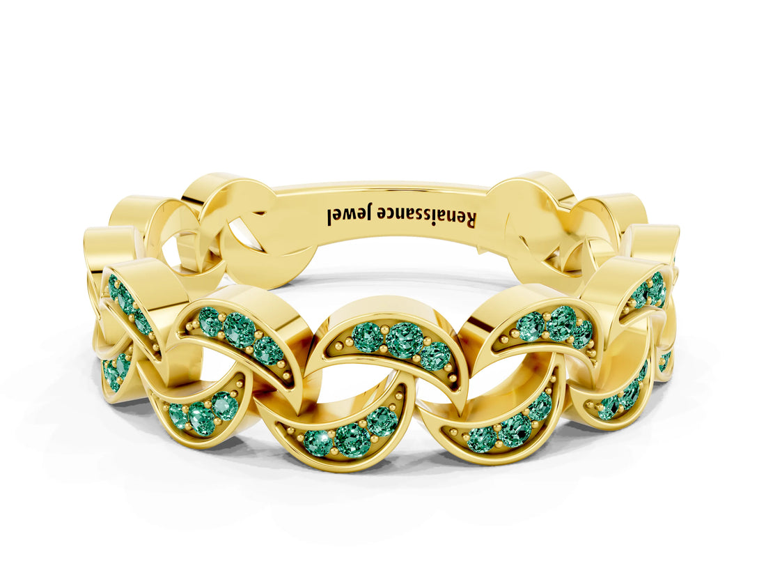Yellow gold Pavé Round Green Sapphire Interlocking Eternity Band with Bezel Prong Setting_6
