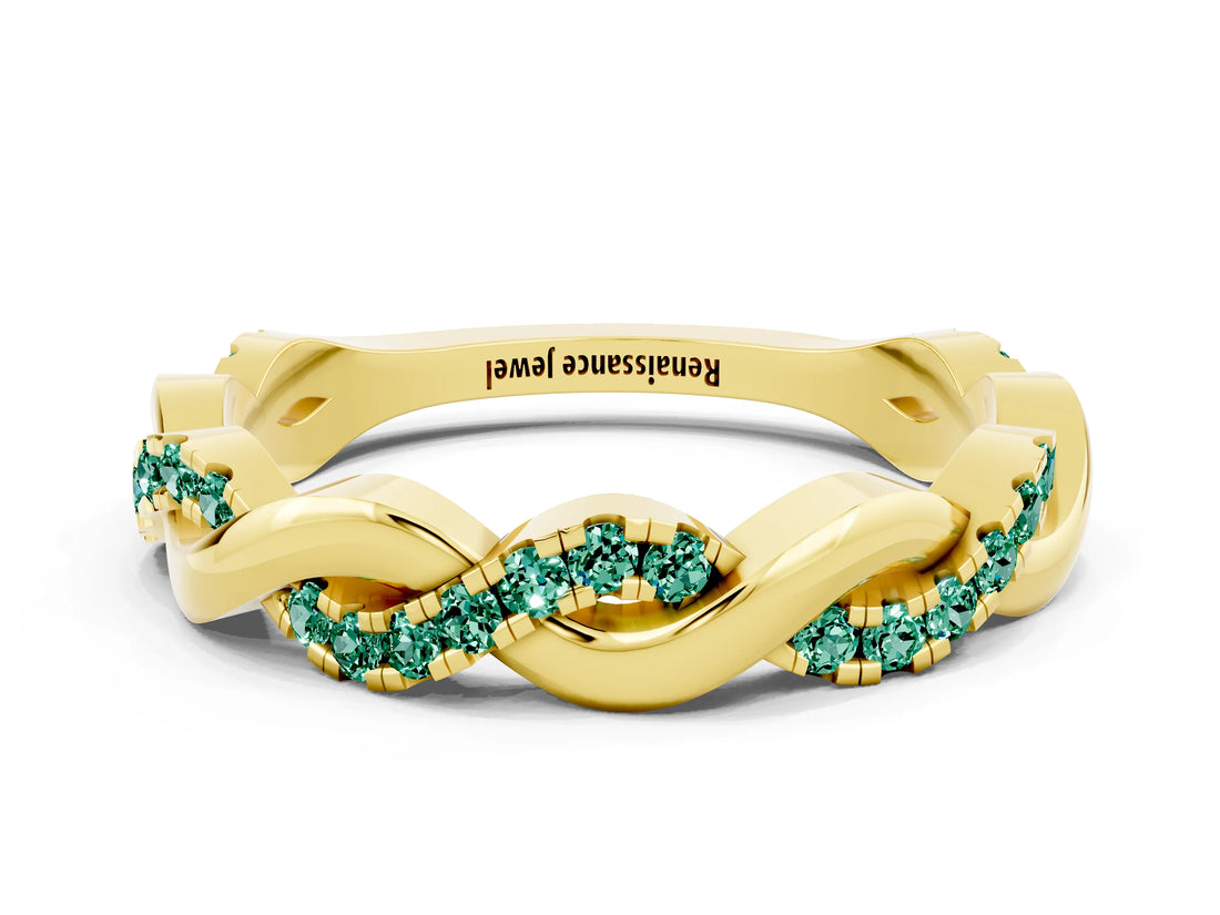 Yellow gold Pavé Round Green Sapphire Twist Eternity Band with Shared Prong Setting_18