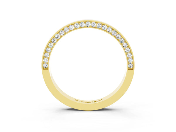 Yellow Gold Round Moissanite Side Pave Half Eternity Band with Plain Top