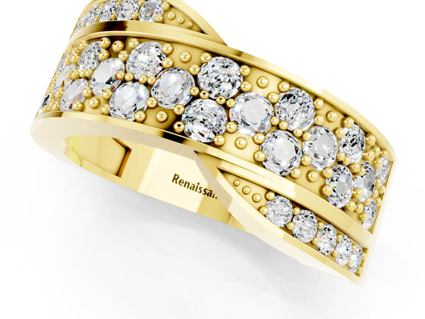 Yellow gold Pavé Round Moissanite Crossover Band with Bead Prong Setting