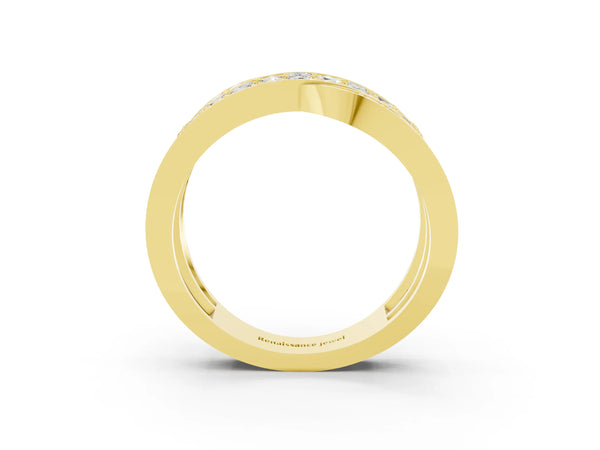 Yellow gold Pavé Round Moissanite Crossover Band with Bead Prong Setting