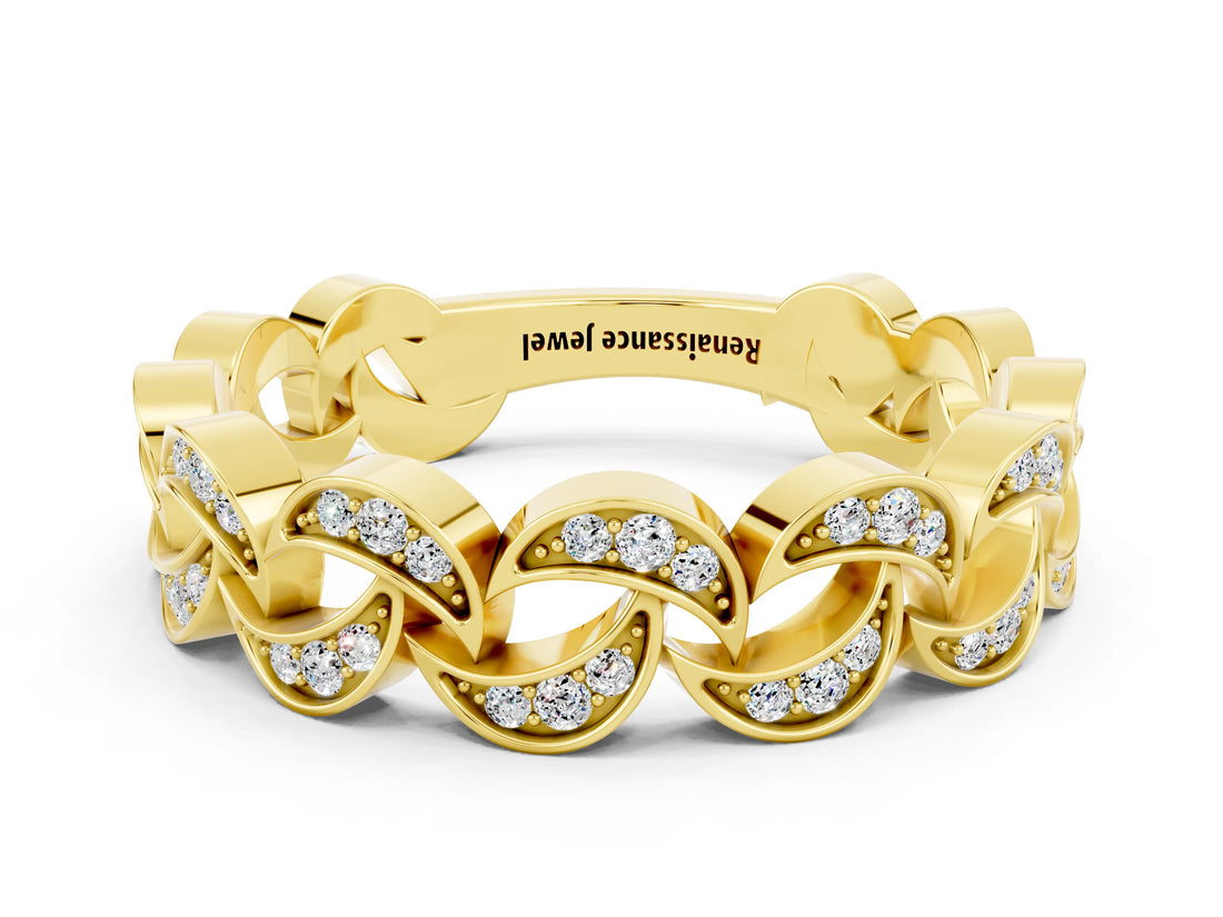 Yellow gold Pavé Round Moissanite Interlocking Eternity Band with Bezel Prong Setting_6