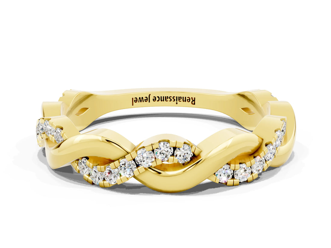 Yellow gold Pavé Round Moissanite Twist Eternity Band with Shared Prong Setting_30