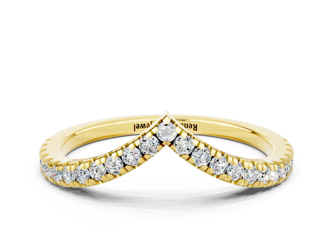 Yellow gold Pavé Round Moissanite V-Shaped Chevron Band with Shared Prong Setting_6