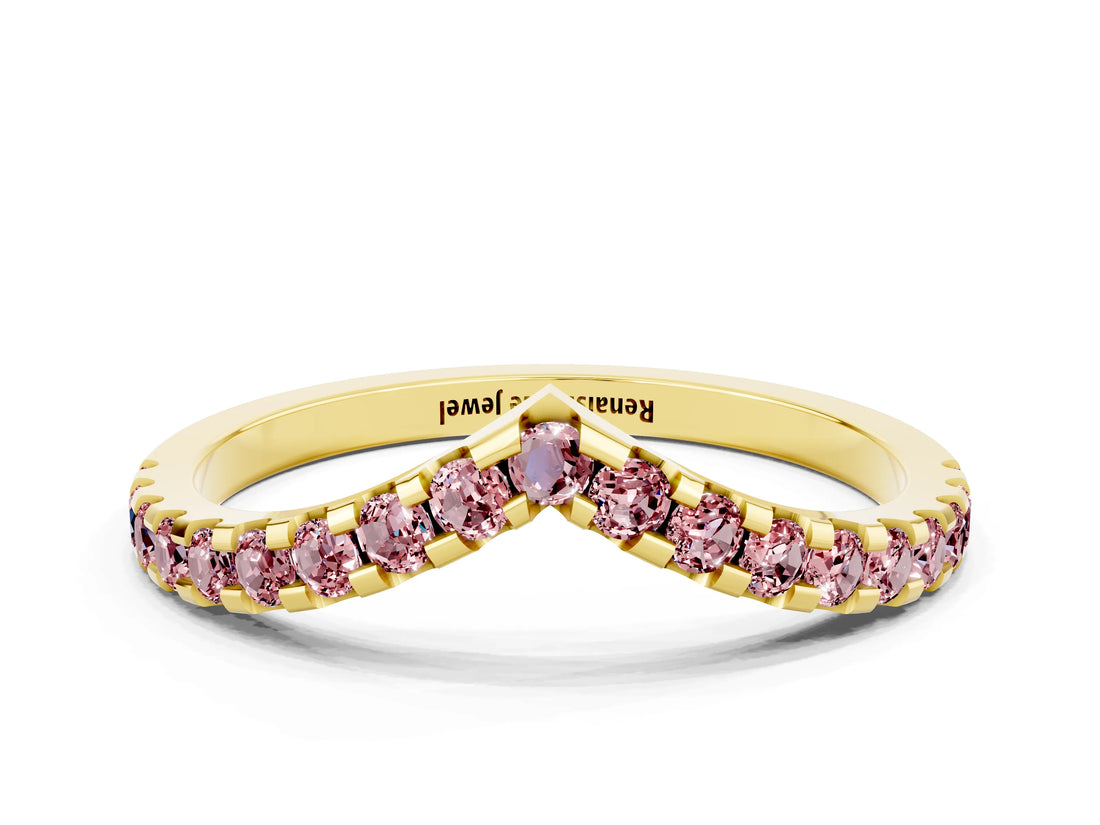 Yellow gold Pavé Round Morganite Chevron Band with Shared Prong Setting_6