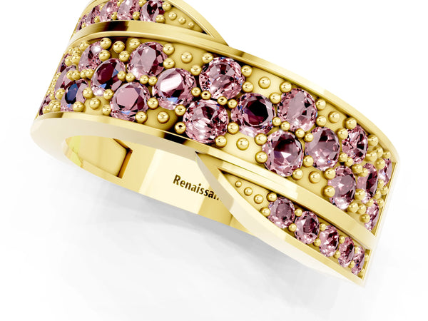 Yellow gold Pavé Round Morganite Crossover Band with Bead Prong Setting