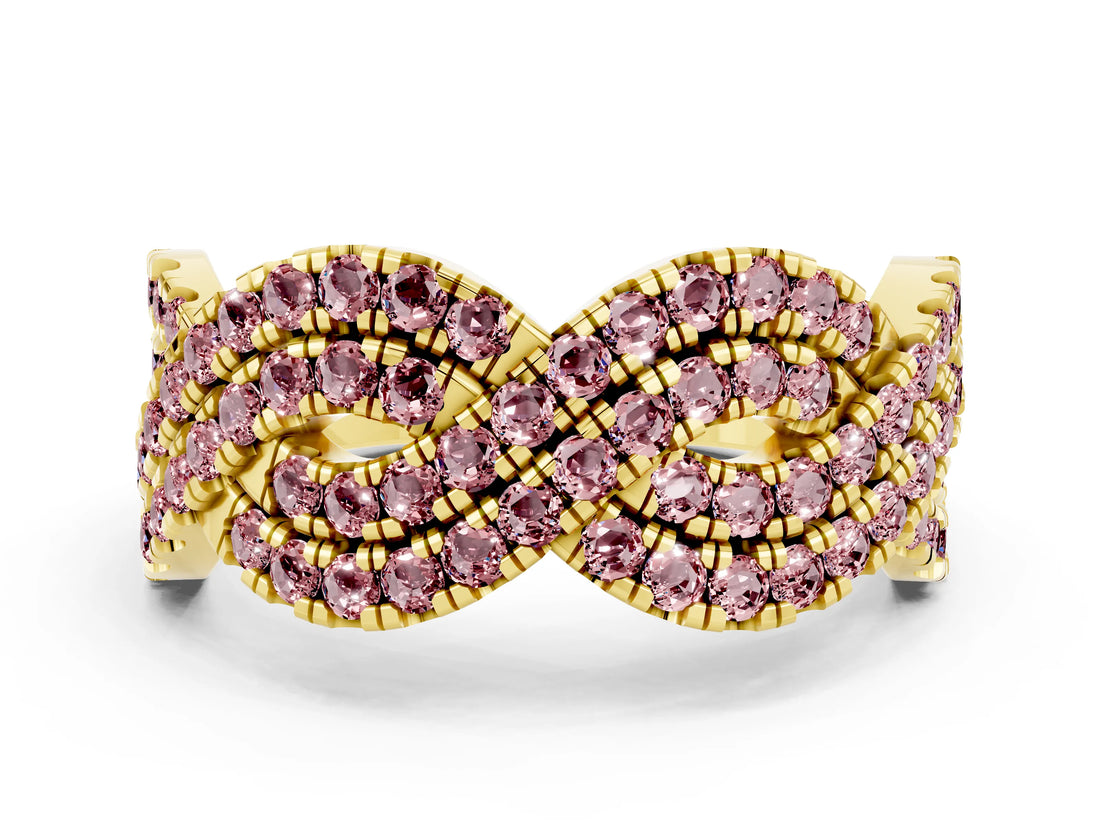 Yellow gold Pavé Round Morganite Infinity Twist Band with Shared Prong Setting_6