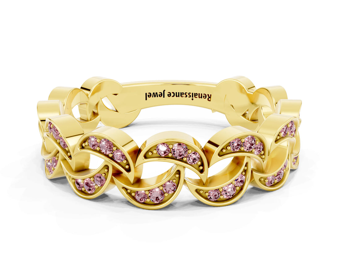 Yellow gold Pavé Round Morganite Interlocking Eternity Band with Bezel Prong Setting_6