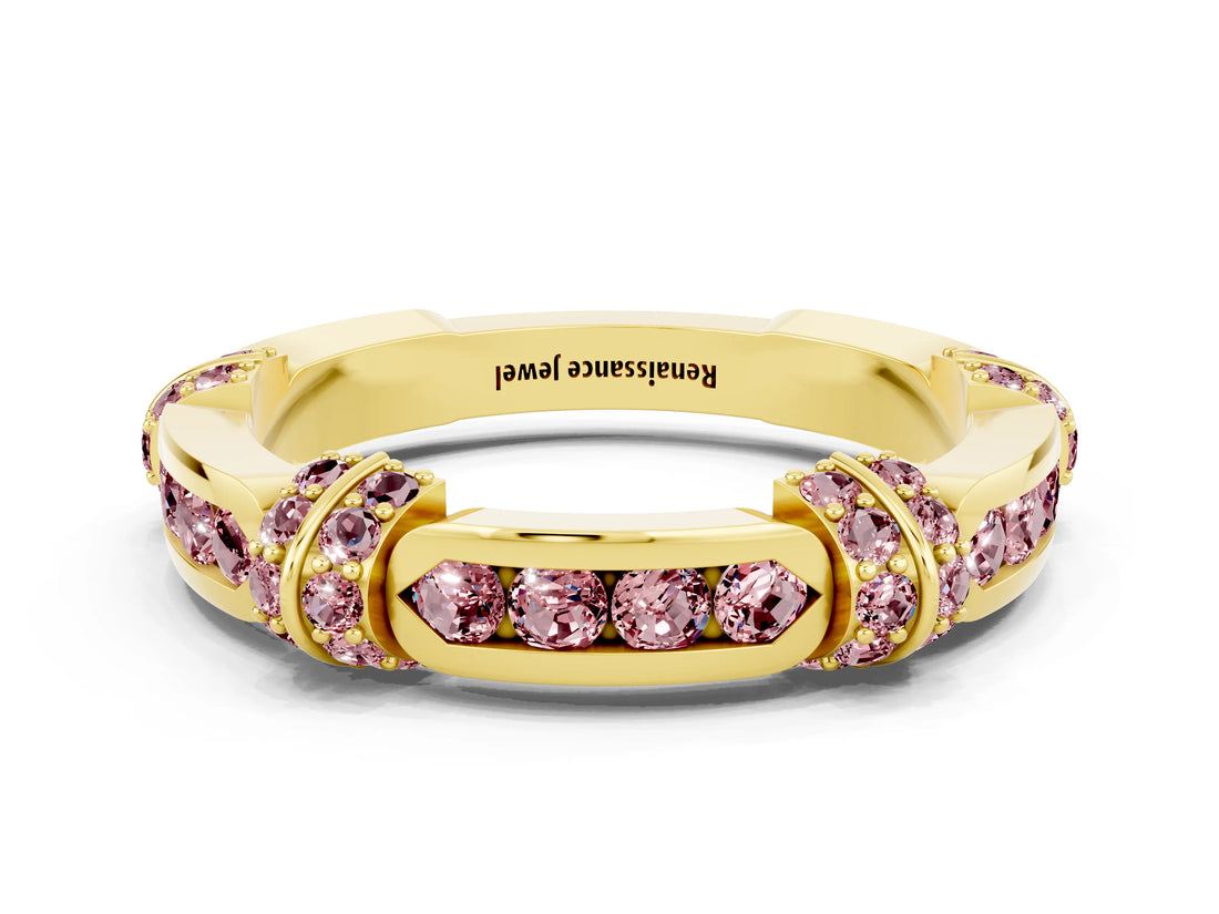 Yellow gold Pavé Round Morganite Link Band with Bezel Setting_30
