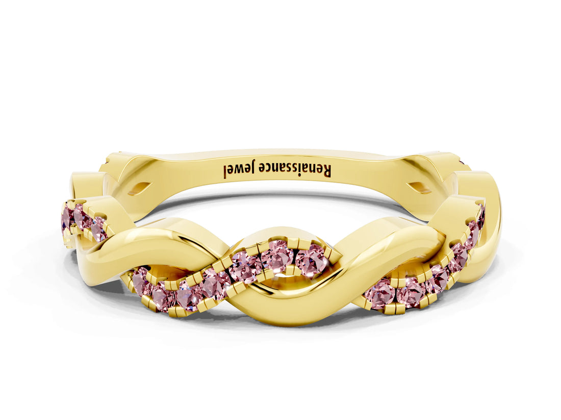 Yellow gold Pavé Round Morganite Twist Eternity Band with Shared Prong Setting_18