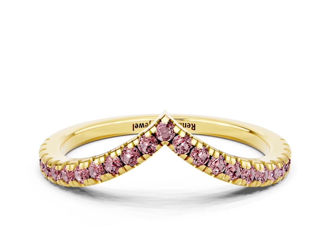 Yellow gold Pavé Round Morganite V-Shaped Chevron Band with Shared Prong Setting_6